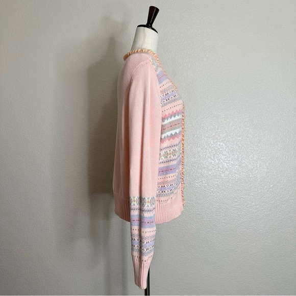 Crazy Horse Liz Claiborne Vintage Velvet Ruffle Pink Knit Cardigan, Size XL - Picture 7 of 13